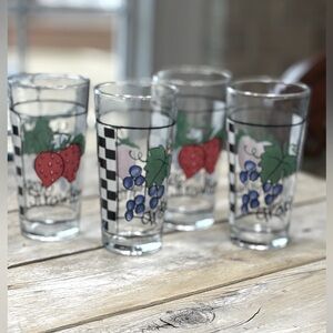 4 Vintage KIG Checkerboard Fruit Glasses. Numbered | Grape | Strawberry | Fruit